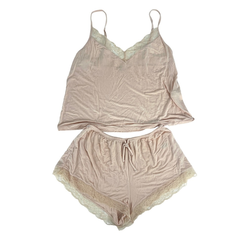 Eberjey Womens XS Pink Lace Trim Tencel Modal Cami and Shorts Pajama Set CU40605